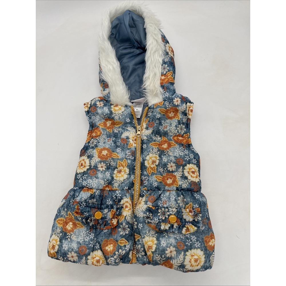 Little Lass 3t Sleeveless Jacket Hooded Puffer Vest Floral‎ Blue Yellow